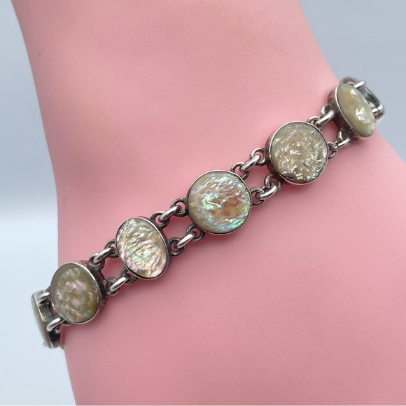 Stunning Vintage Sterling Silver Mabe Coin Pearl Link Bracelet - Picture 1 of 9